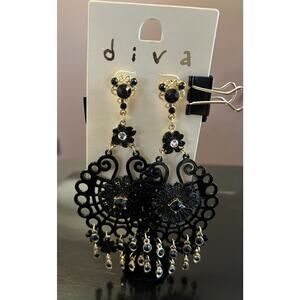 Womens Black Gold Tone Crystal Rhinestone Chandelier Dangle Earrings Round Diva